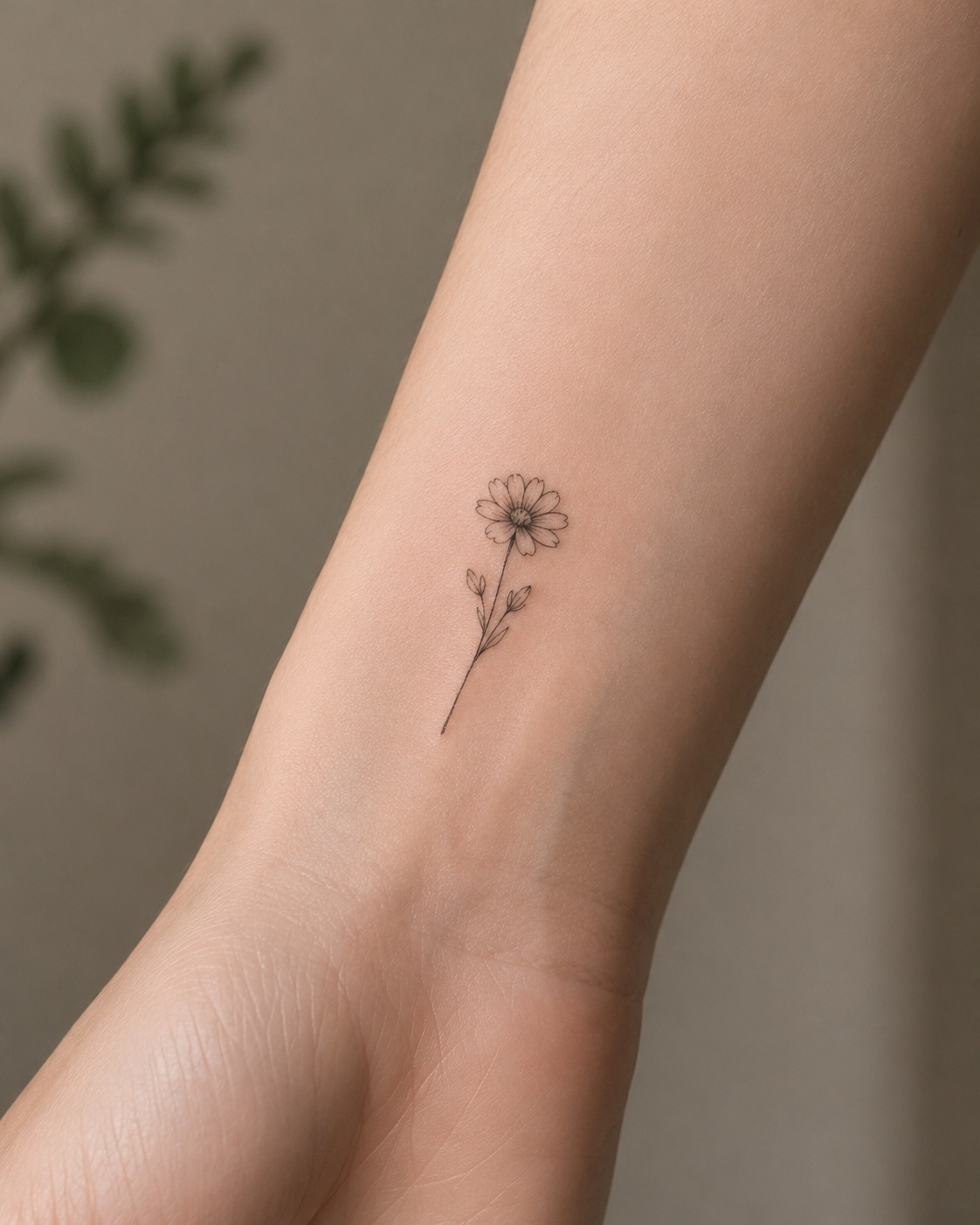 Minimales Fine-Line Blumen-Tattoo am Handgelenk