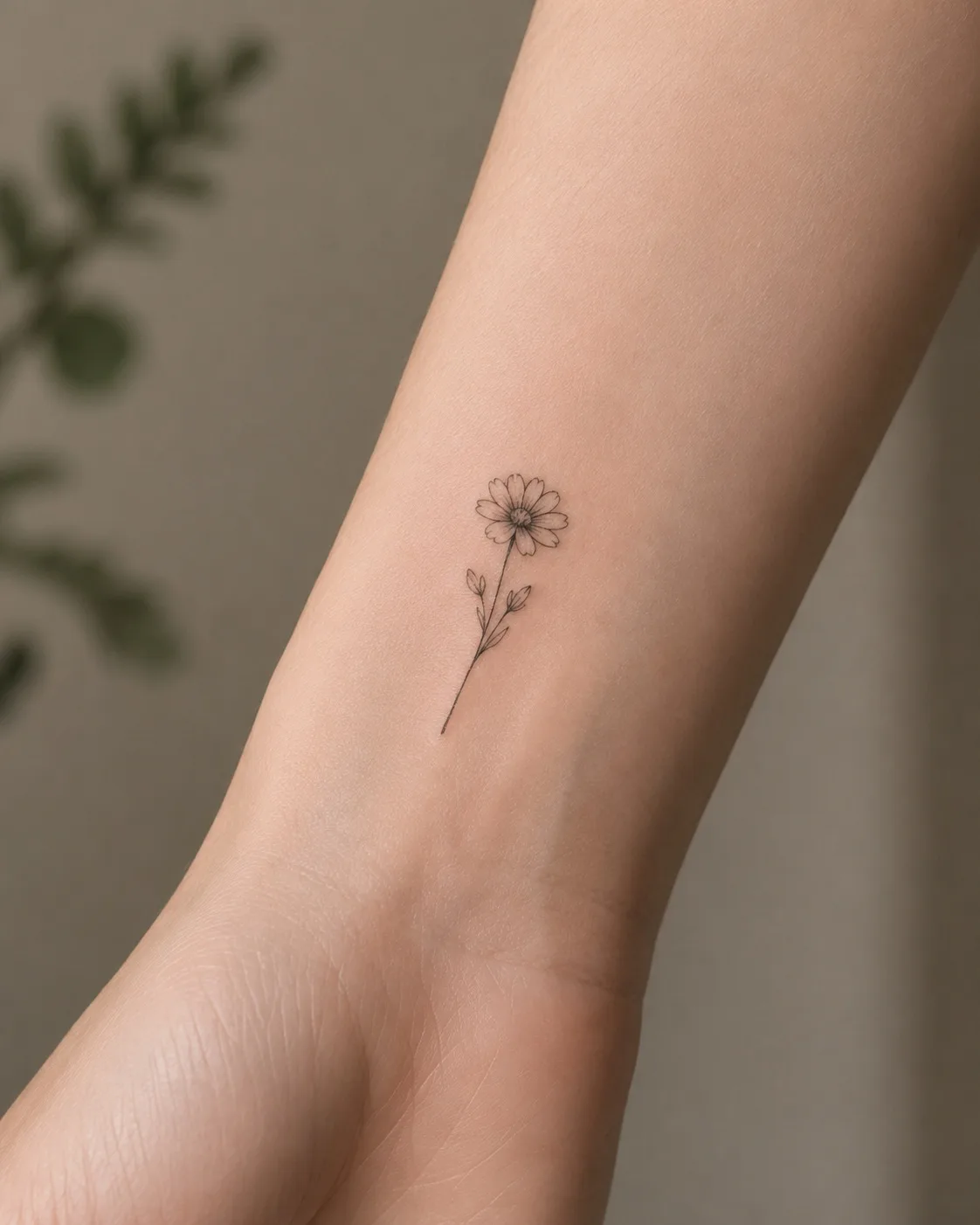 Minimales Fine-Line Blumen-Tattoo am Handgelenk