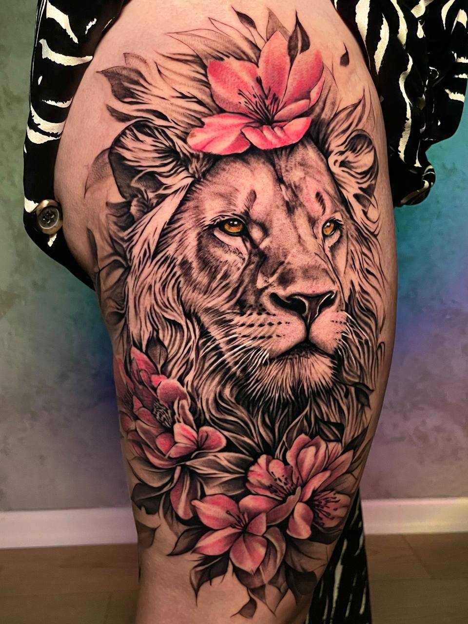Colorful Lion and Flowers Leg Tattoo Istanbul | Color Realism - Enes | Bosphorus Ink