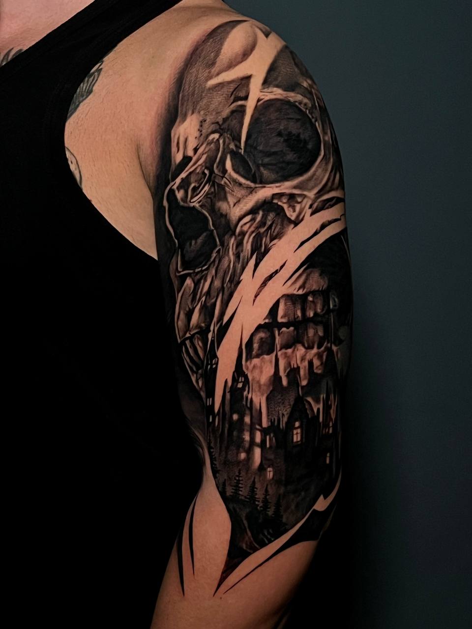 Gothic Castle Dark Figure Arm Tattoo Istanbul II | Black & Grey Realism - Enes | Bosphorus Ink