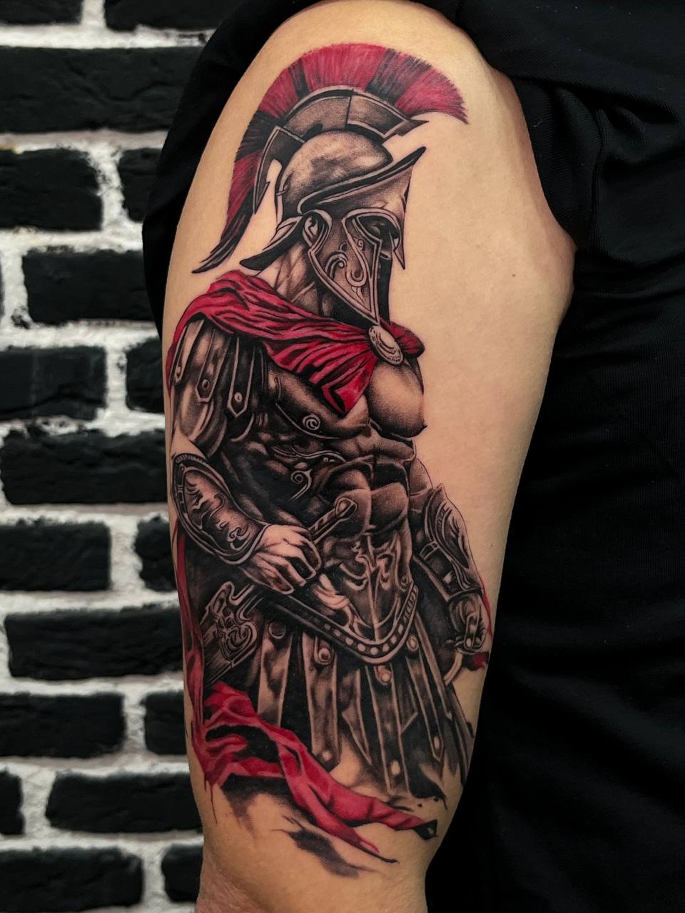 Roman Gladiator Color Arm Tattoo Istanbul | Black & Red Realism - Enes | Bosphorus Ink