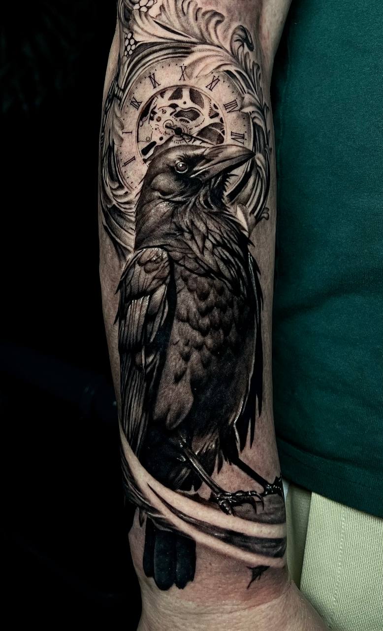 Raven Realism Arm Tattoo Istanbul | Black & Grey - Enes | Bosphorus Ink