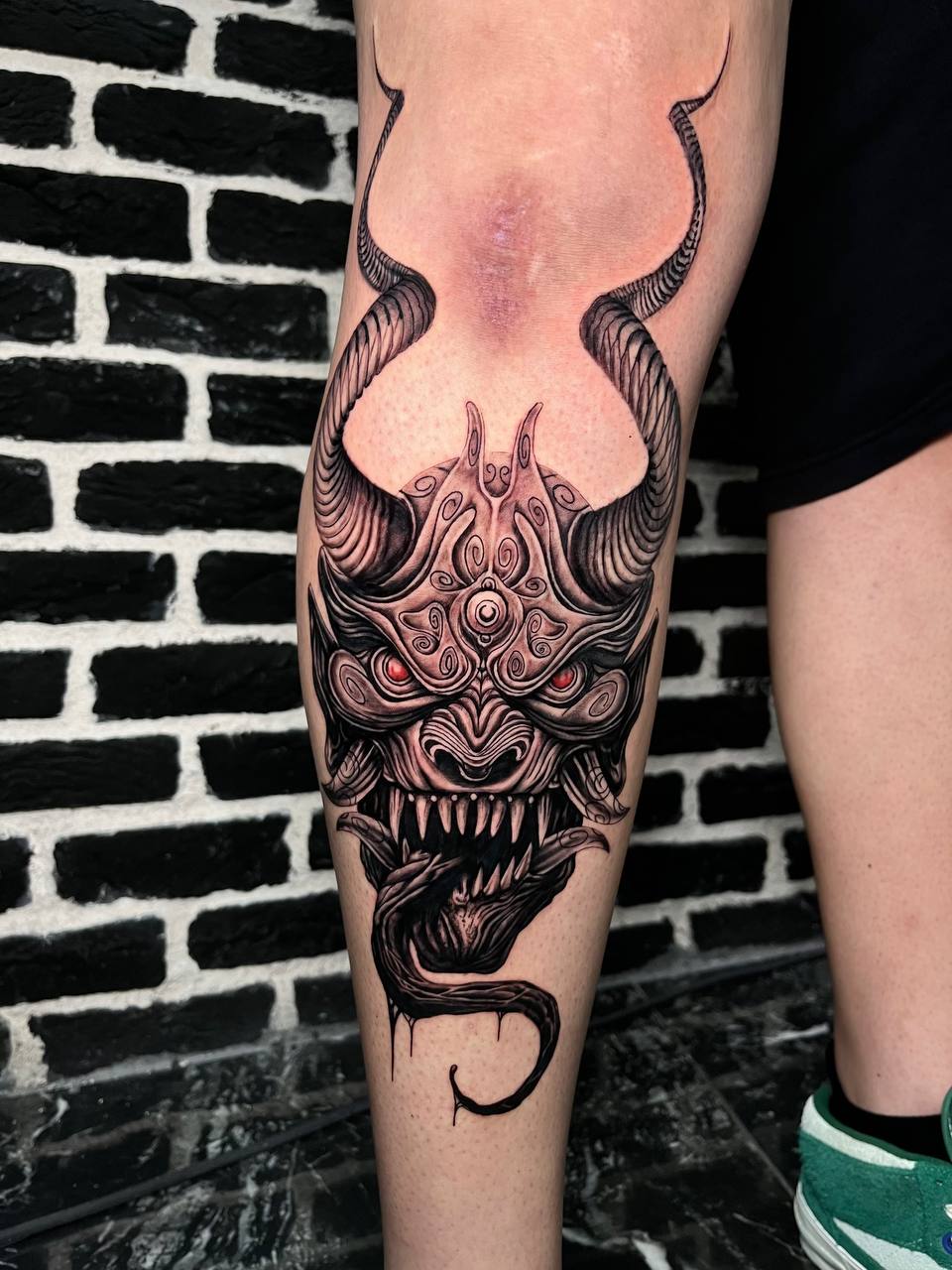 Oni Demon Mask Arm Tattoo Istanbul | Black & Grey - Enes | Bosphorus Ink