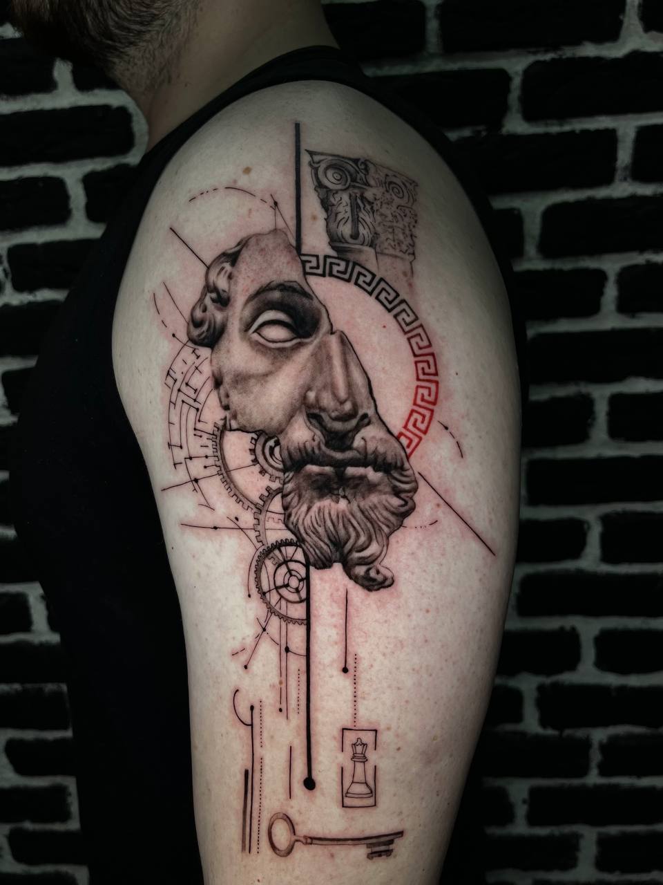 Greek God Sculpture Geometric Arm Tattoo Istanbul | Black & Red - Enes | Bosphorus Ink