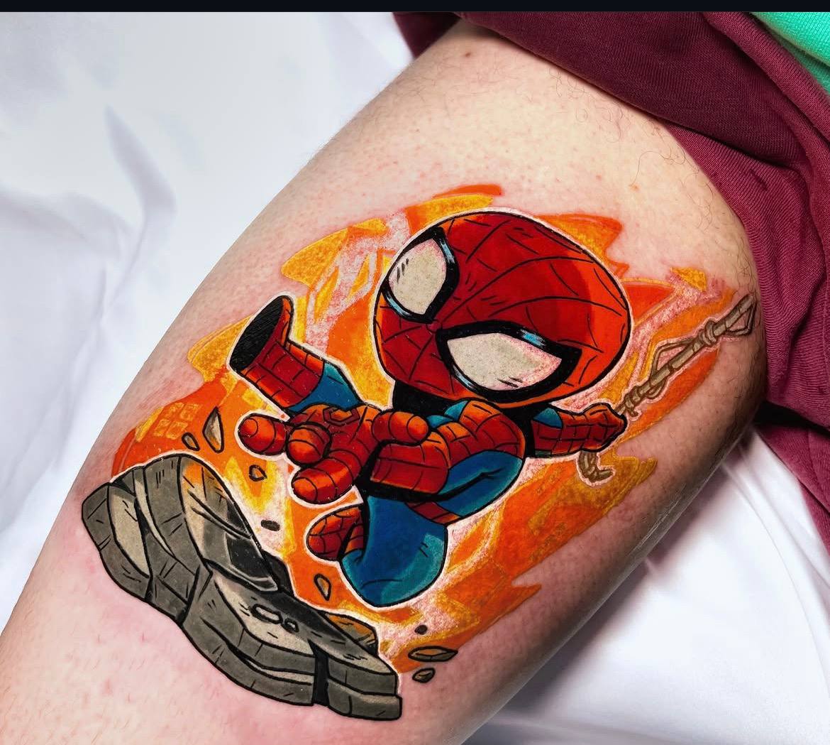 Chibi Spider-Man Feuer Farb Realism Bein Tattoo | Bosphorus Ink - Tattoo · Bekir | Bosphorus Ink Portfolio