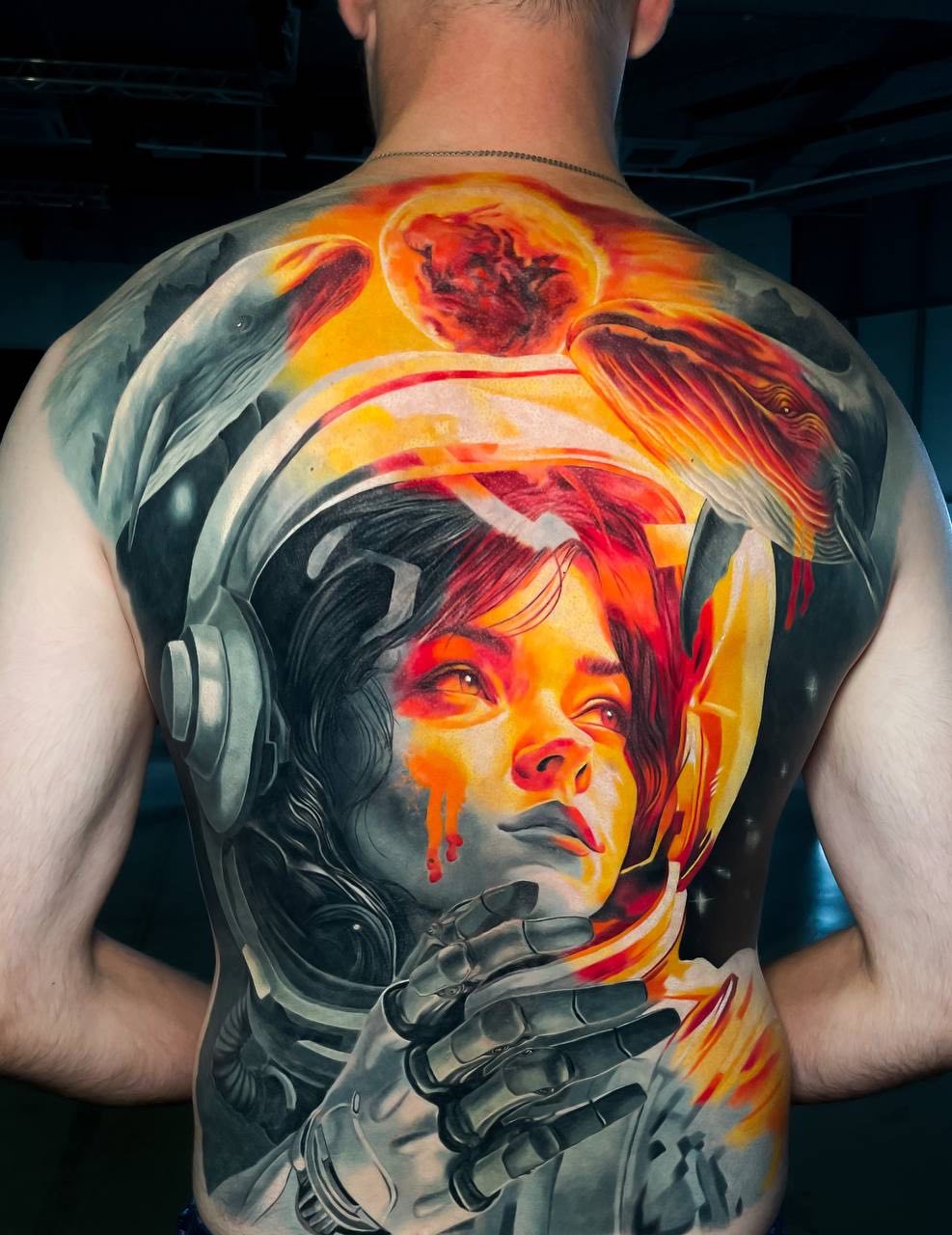 Astronaut and Flame Woman Portrait Back Cover-Up Tattoo | Colorful Istanbul - Tattoo | Bosphorus Ink Portfolio