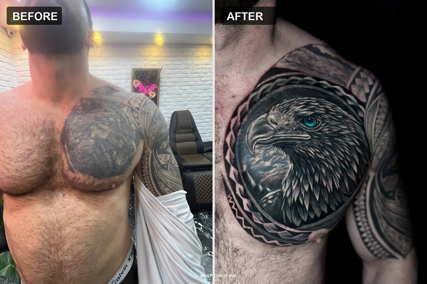 Brust- und Schulter-Cover-up-Tattoo — Vorher/Nachher | Adler und Maori-Muster Istanbul