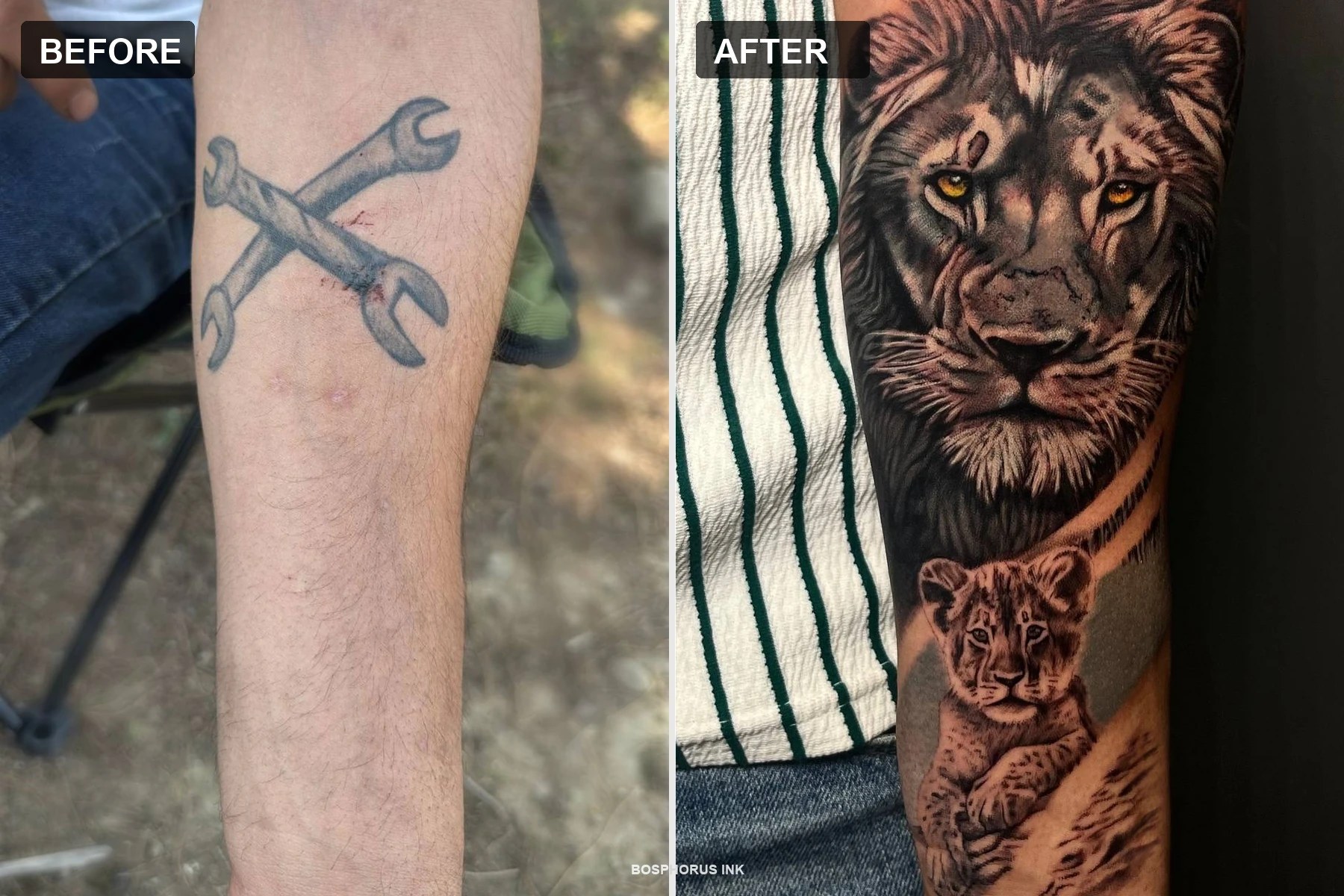 Arm-Cover-up-Tattoo — Vorher/Nachher | Löwe und Junges Istanbul