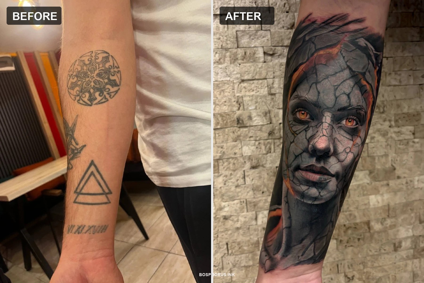 Arm-Cover-up-Tattoo — Vorher/Nachher | Rissiges Gesichtsporträt Istanbul