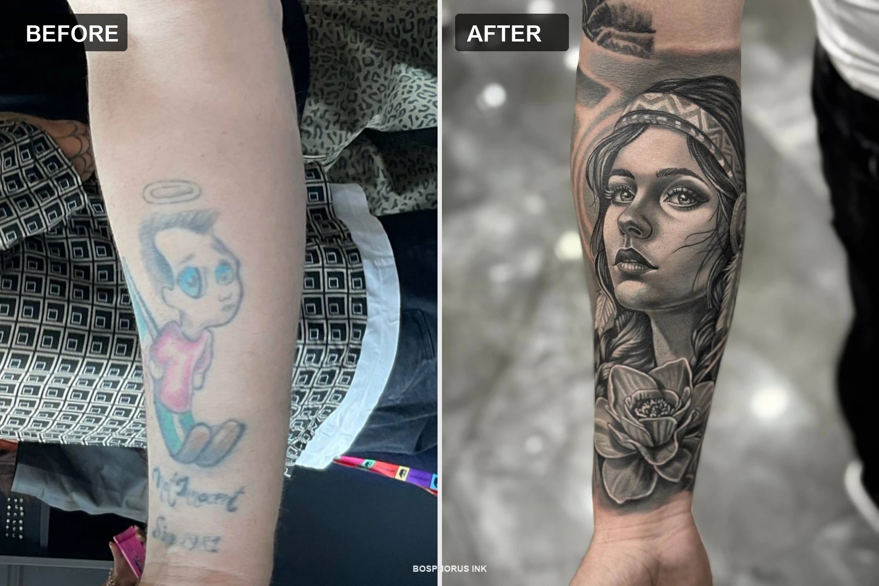 Arm-Cover-up-Tattoo — Vorher/Nachher | Frauenporträt und Lotus Istanbul