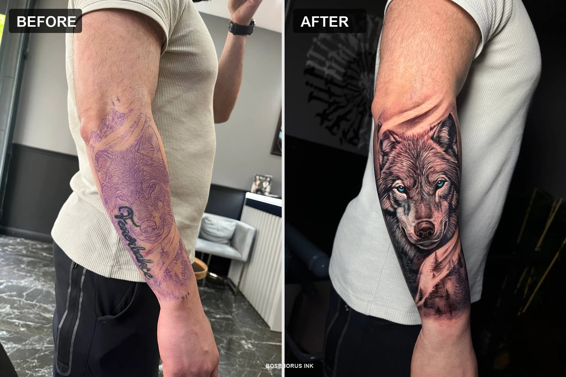 Arm Cover-Up Tattoo — Before/After | Wolf Portrait and Forest Istanbul