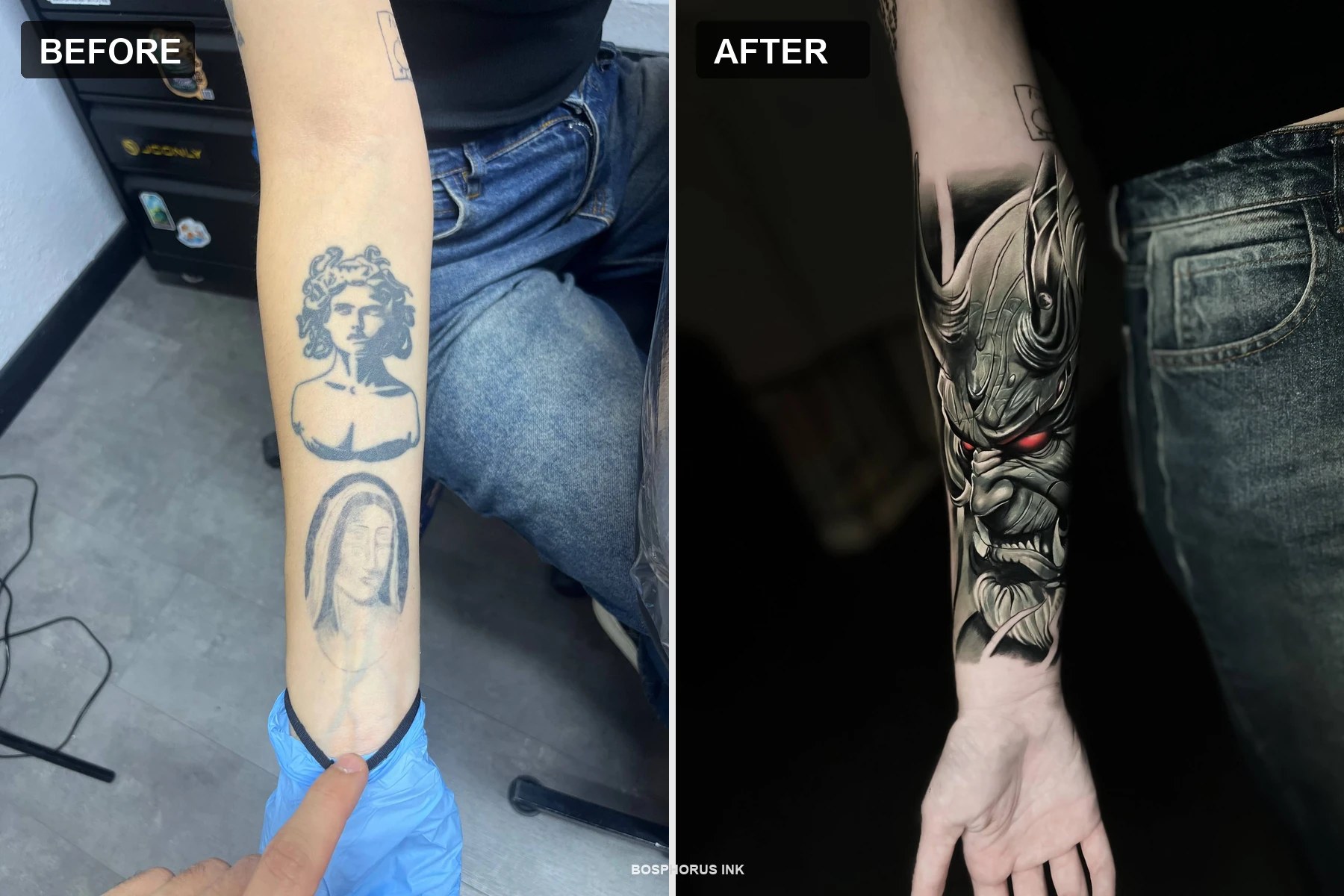 Arm-Cover-up-Tattoo — Vorher/Nachher | Oni-Maske Istanbul