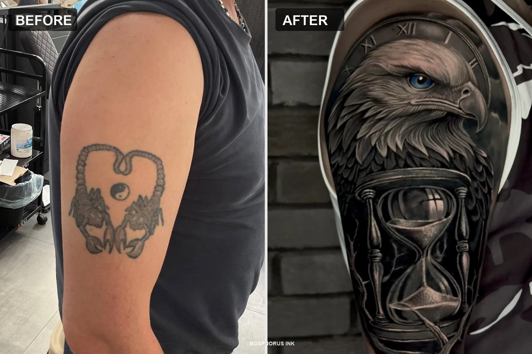 Bizeps-Cover-up-Tattoo — Vorher/Nachher | Adler und Sanduhr Istanbul