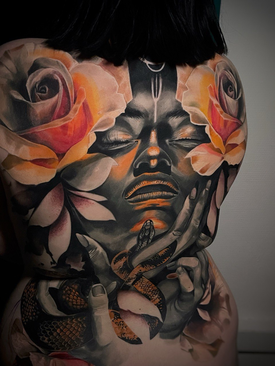 Face, Roses and Snake Back Cover-Up Tattoo | Colorful Black & Grey Istanbul - Tattoo | Bosphorus Ink Portfolio