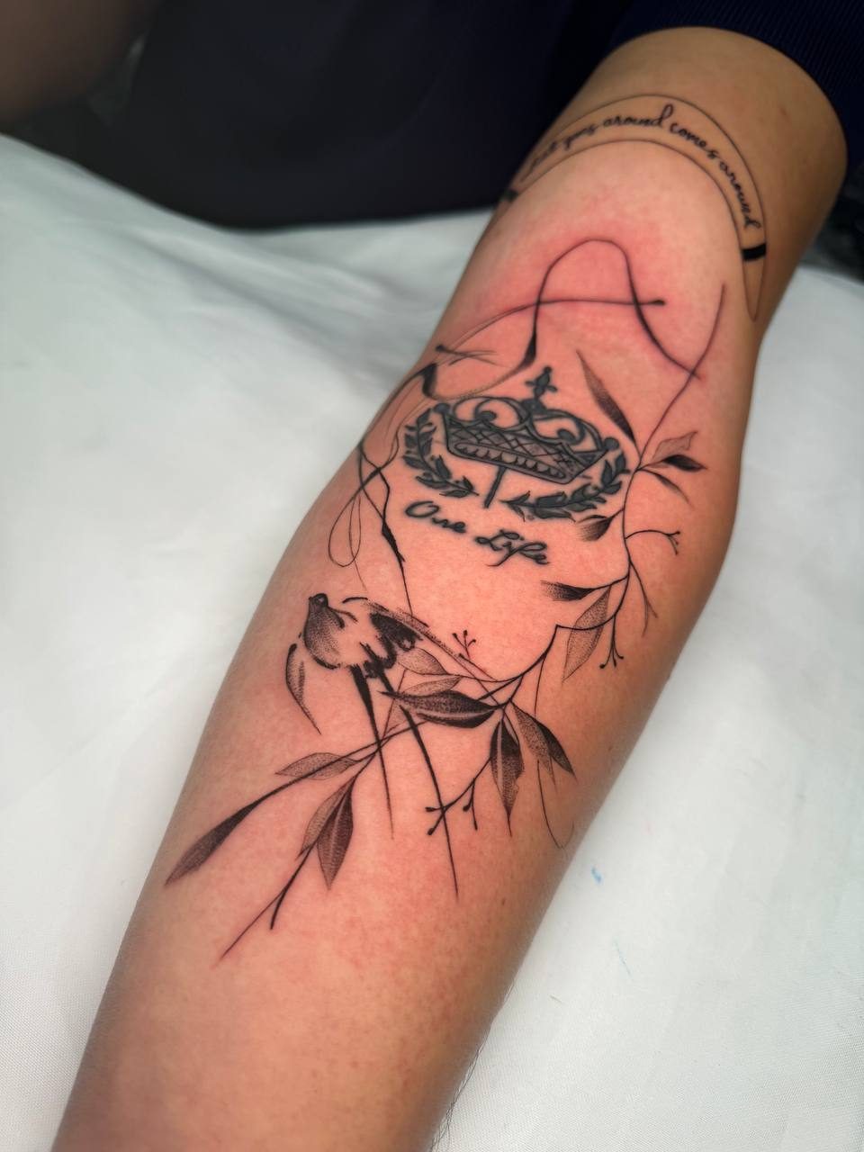 Fine Line Crown and Flower Leg Tattoo