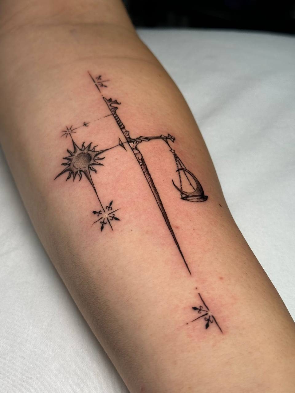 Fine Line Cross and Scales Sleeve Tattoo