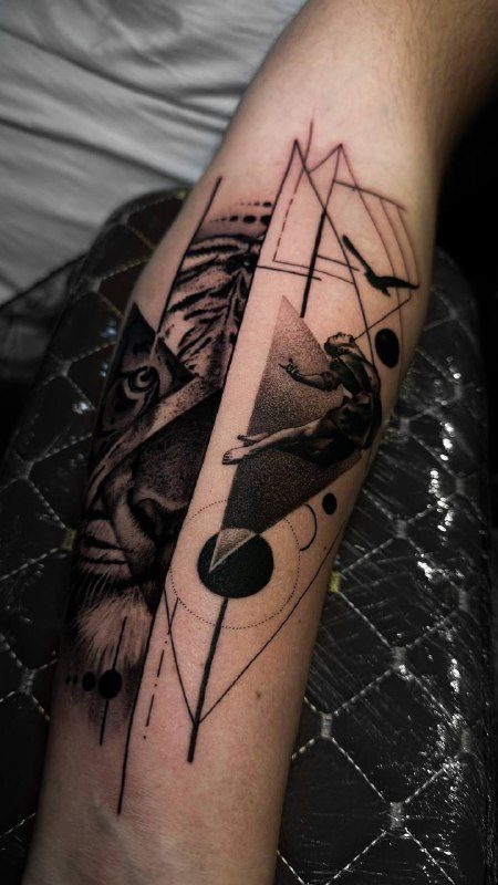 Fine Line Geometric Lion Forearm Tattoo