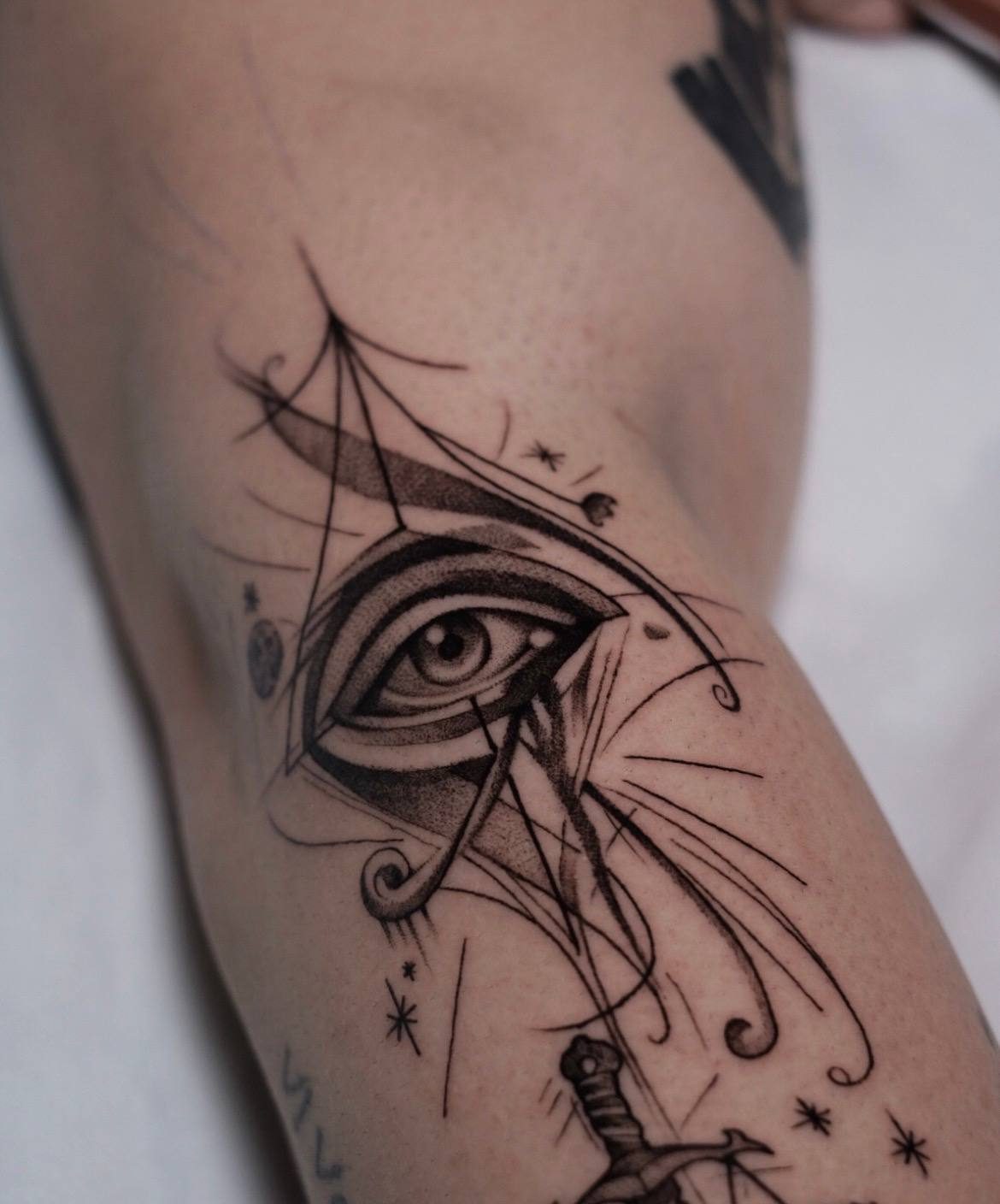 Fine Line Eye of Horus Geometric Sleeve Tattoo
