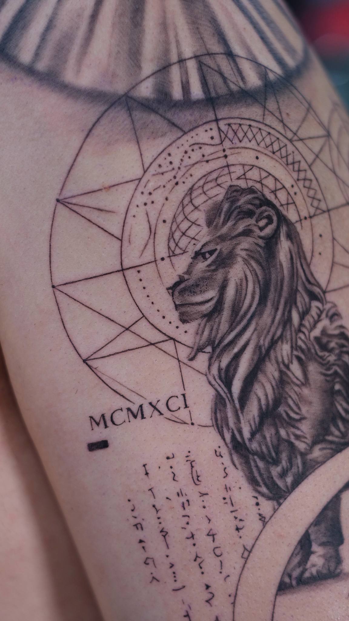 Dotwork Lion and Mandala Arm Tattoo | Geometric Istanbul