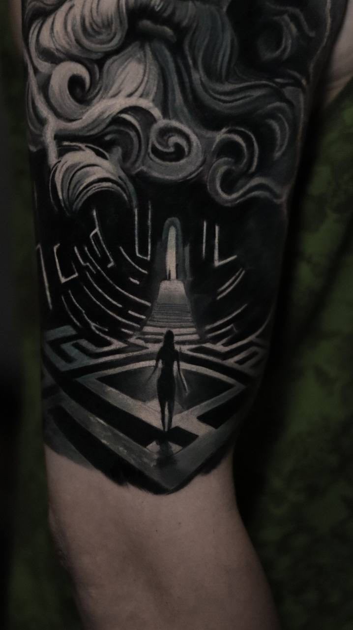 Dark Geometric Mask Pattern Arm Tattoo | Istanbul