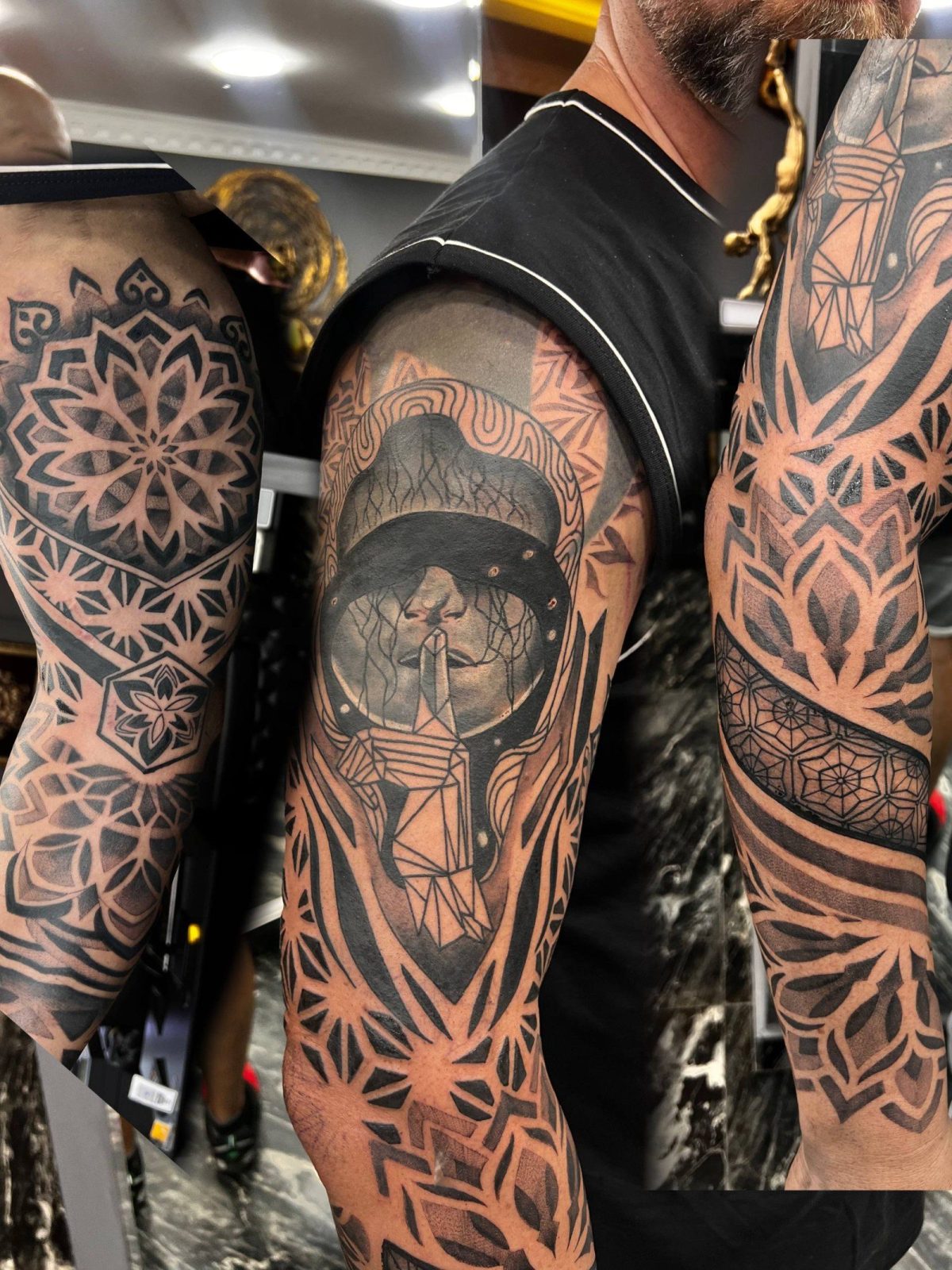 Mandala und Porträt Sleeve-Armtattoo | Geometrisch Istanbul - Geometrisches Tattoo | Bosphorus Ink Portfolio