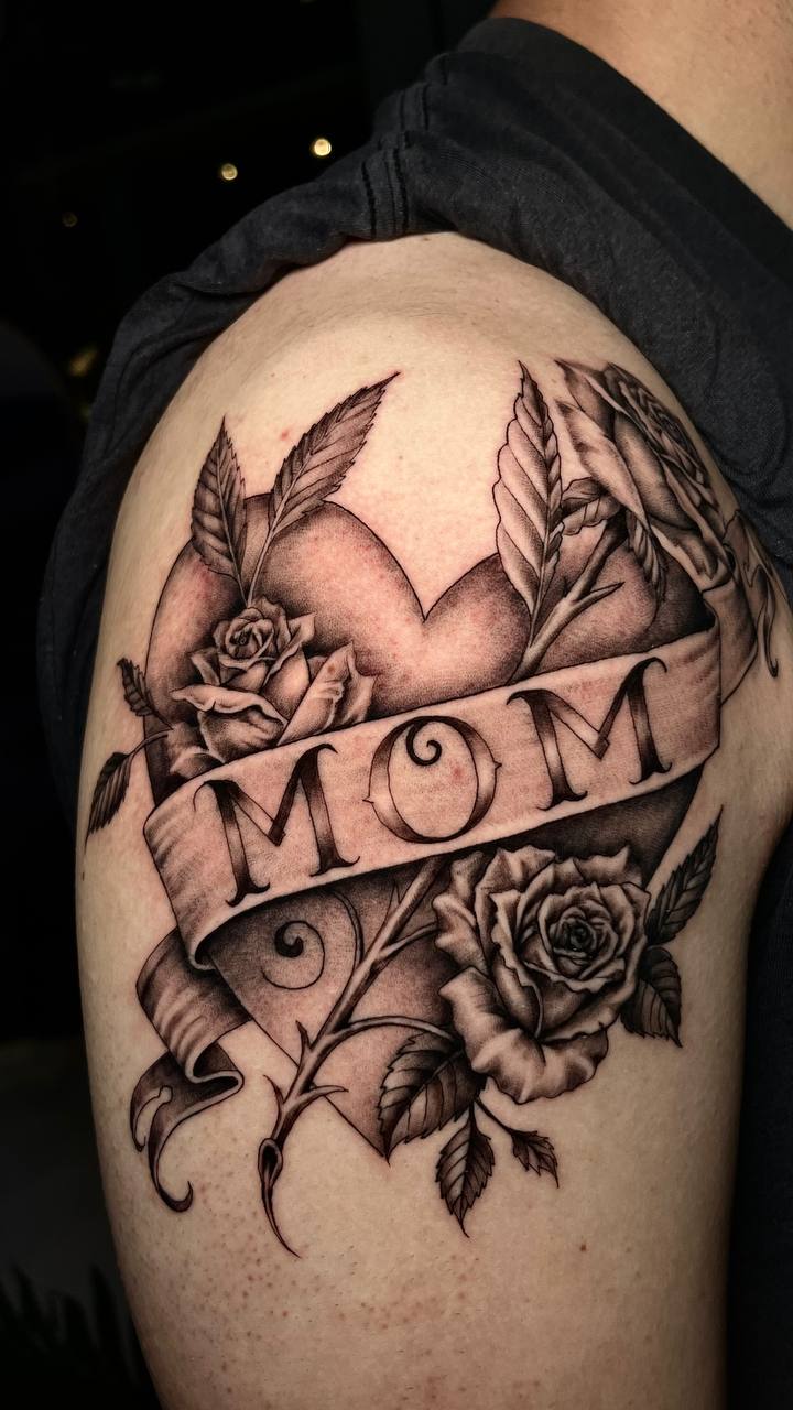 "Mom" Banner and Rose Shoulder Tattoo | Custom Istanbul