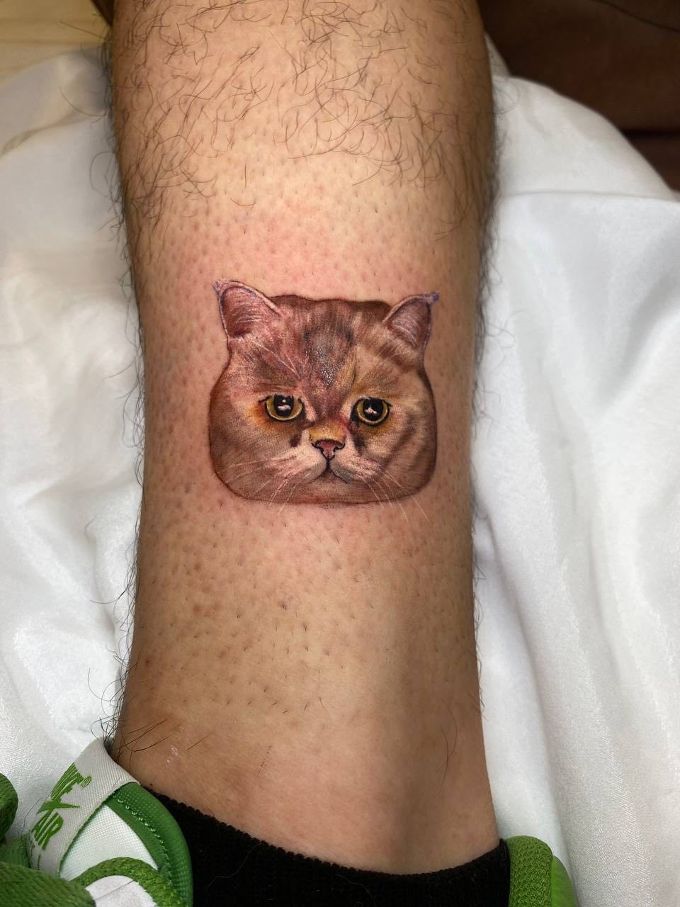 Realistic Cat Portrait Calf Tattoo | Colorful Micro Realism Istanbul 3