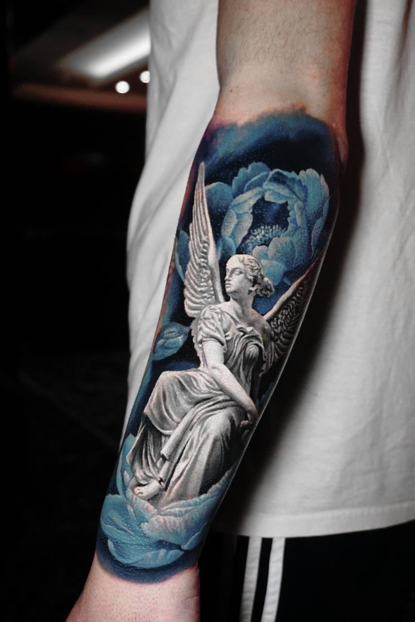 Realistic Angel Statue Forearm Tattoo