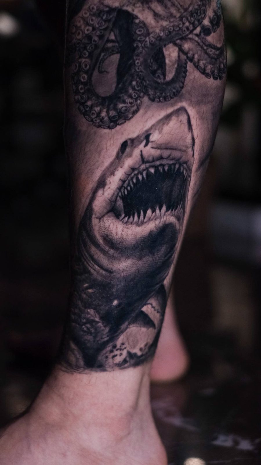 Realistic Shark Leg Tattoo