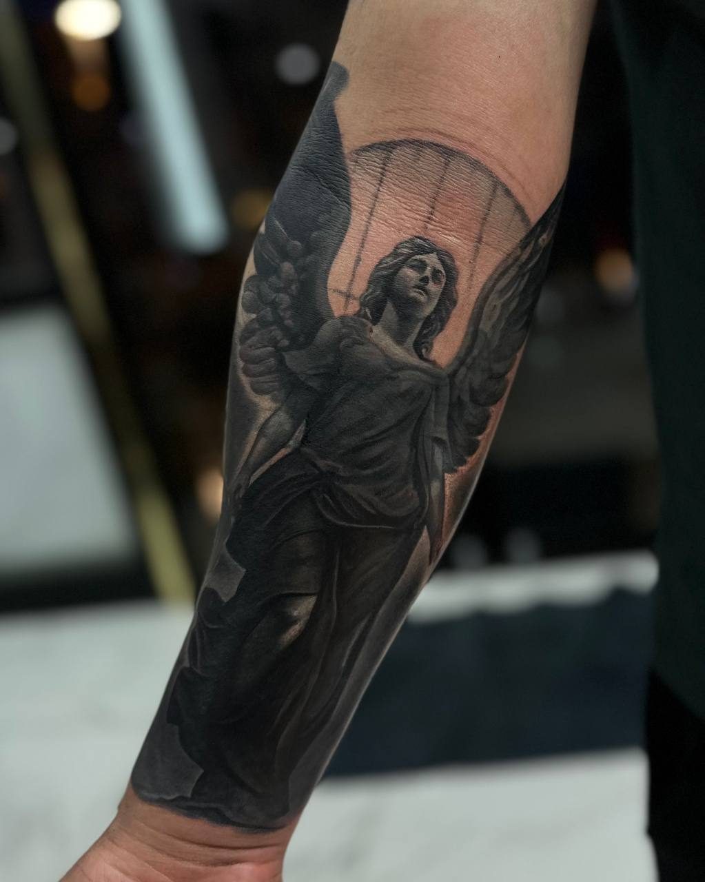 Realistic Angel Statue Sleeve Tattoo