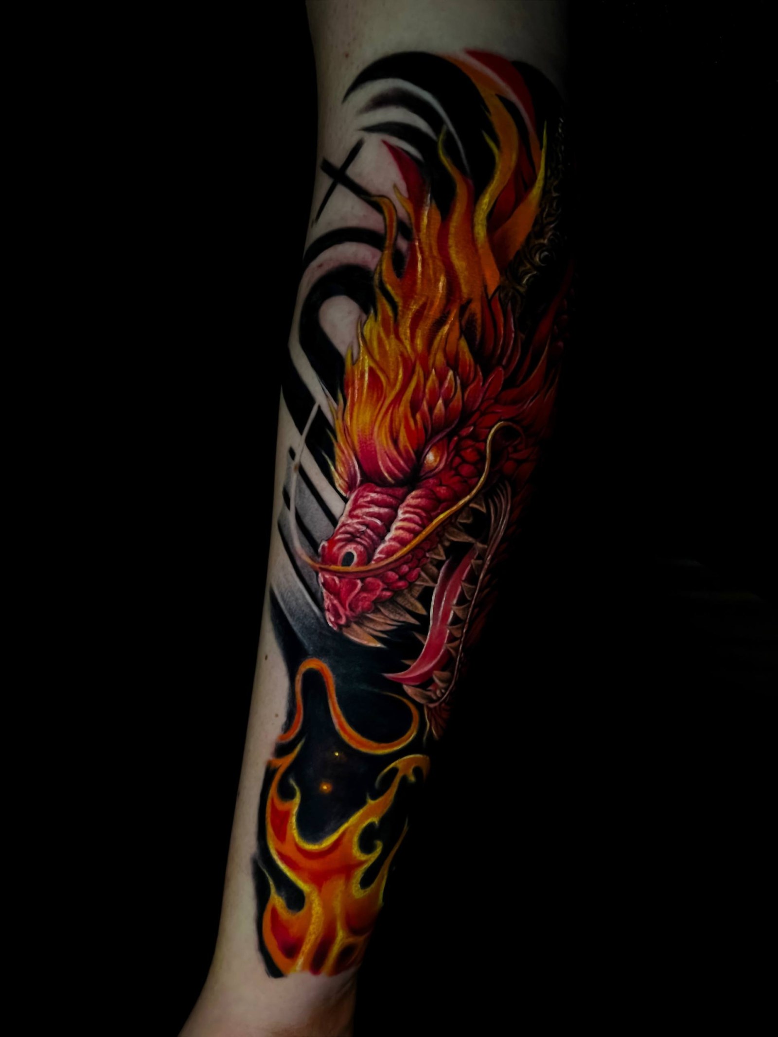 Colorful Dragon and Fire Sleeve Arm Tattoo | Istanbul