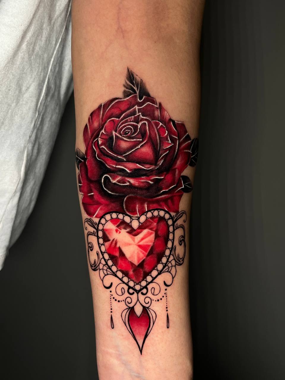 Colorful Ornate Rose and Heart Arm Tattoo | Istanbul