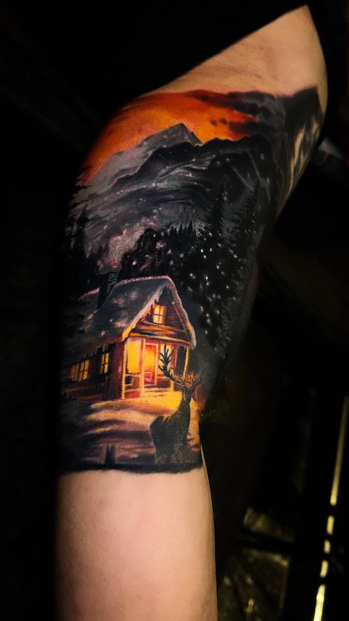 Colorful Starry Night Landscape Sleeve Arm Tattoo | Istanbul