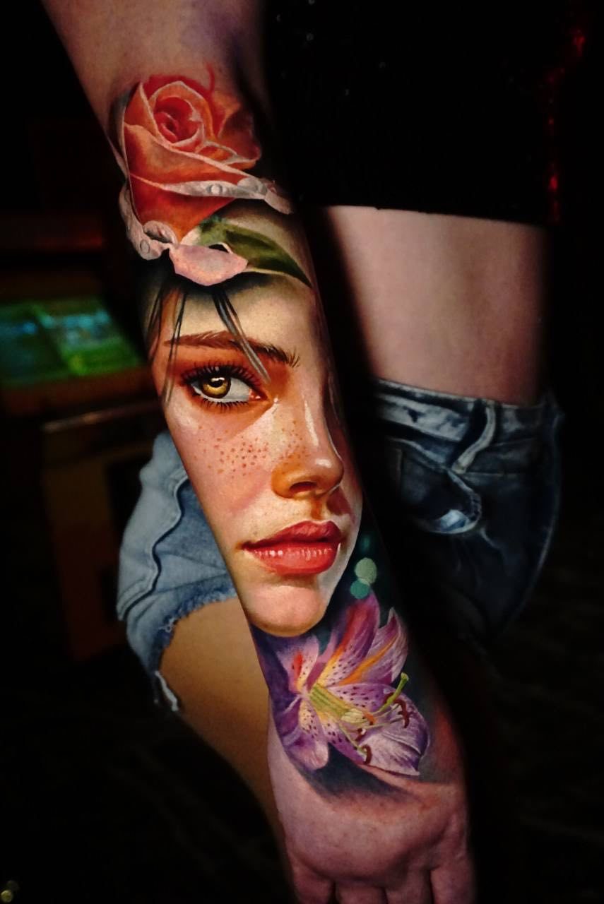 Color Woman and Rose Portrait Tattoo - Ramazan | Bosphorus Ink