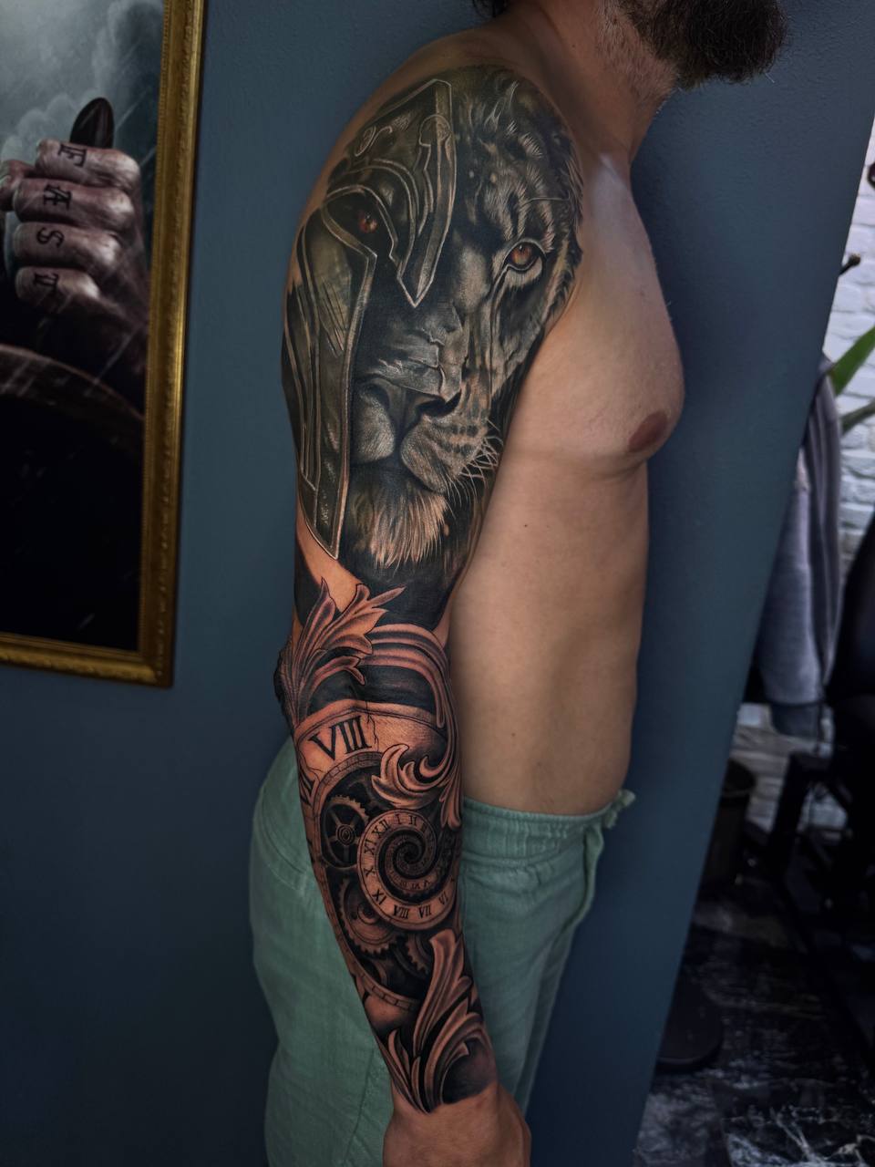 Lion, Helmet and Clock Full Sleeve Tattoo | Bosphorus Ink - Sleeve Tattoo | Bosphorus Ink Portfolio