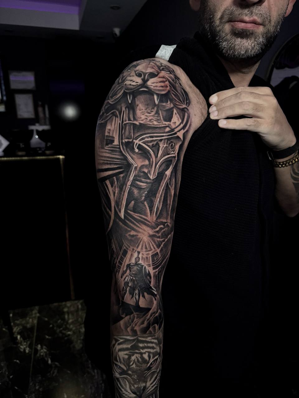 Lion and Helmet Full Sleeve Tattoo - Sleeve Tattoo | Bosphorus Ink Portfolio