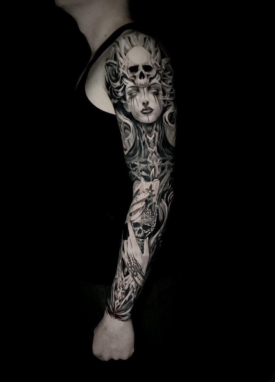 Skull and Woman Full Sleeve Tattoo - Sleeve Tattoo | Bosphorus Ink Portfolio