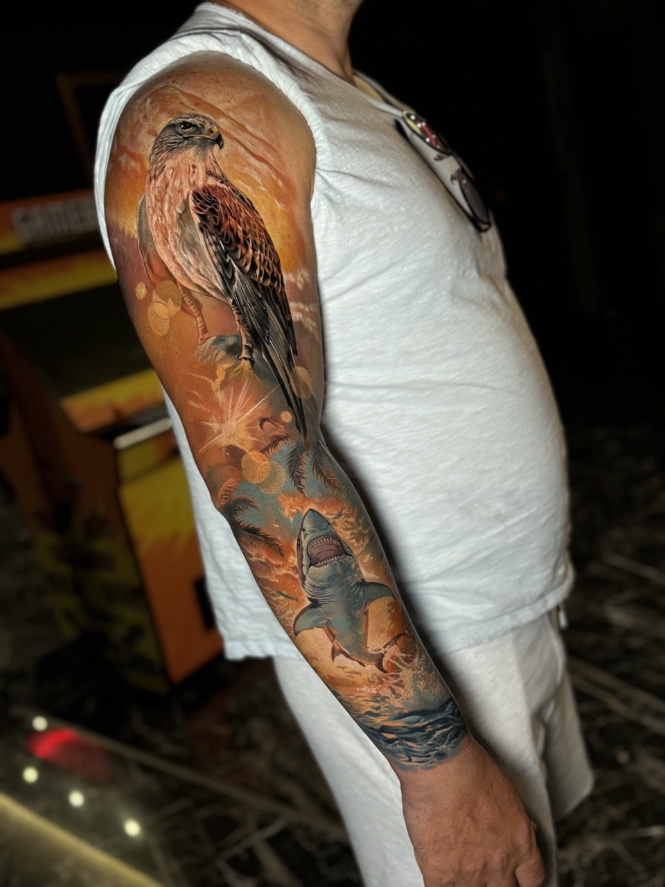 Hawk and Shark Full Sleeve Tattoo - Sleeve Tattoo | Bosphorus Ink Portfolio