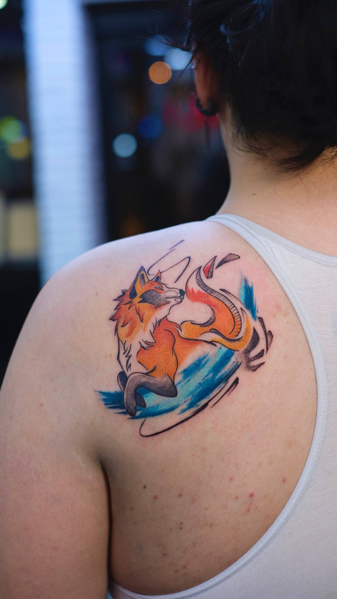 Watercolor Fox Shoulder Tattoo