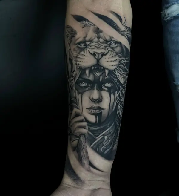 Tiger Head Native Woman Arm Tattoo Istanbul | Black & Grey Realism