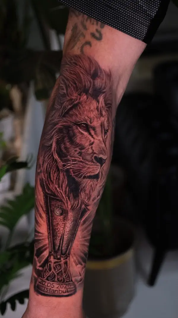Realistic Lion Portrait Arm Tattoo | Black & Grey Realism Istanbul