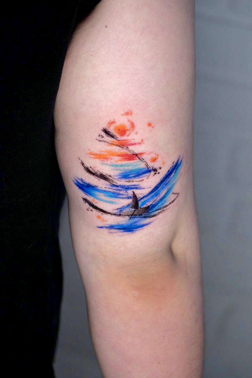 Watercolor Bird and Wave Upper Arm Tattoo | Istanbul