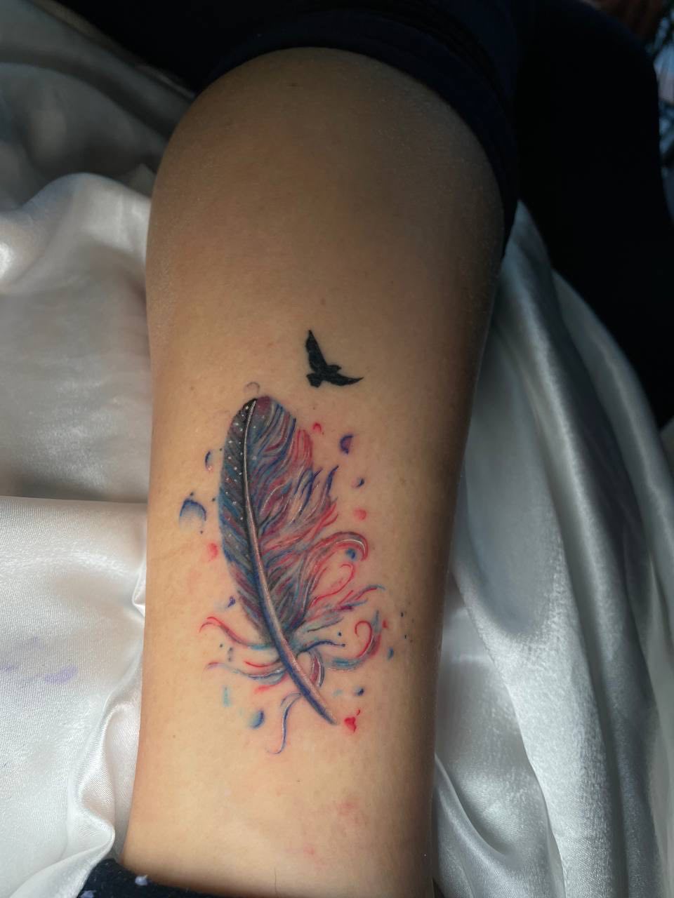 Watercolor Feather and Birds Arm Tattoo | Istanbul